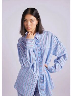NWT DAMSON MADDER Kylie Shirt in Bold Blue Stripe Frill Button Down Boxy Pink